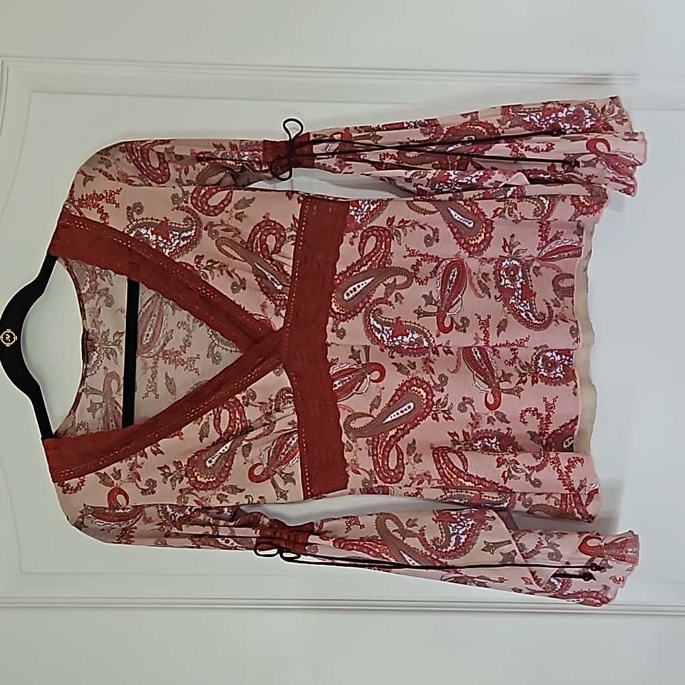 VINTAGE Y2K Arden B Fit & Flare Longsleeve Top Paisley Pink Red Womens S Boho